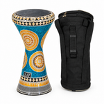 Egyptian Sombati darbuka with its protective carrying bag shown beside it in a three-quarter product view