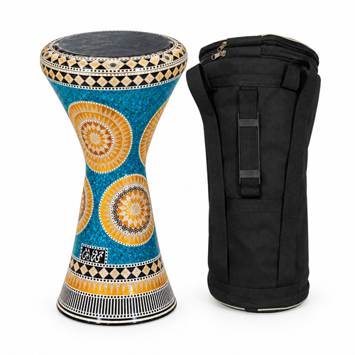Egyptian Sombati darbuka with its protective carrying bag shown beside it in a three-quarter product view