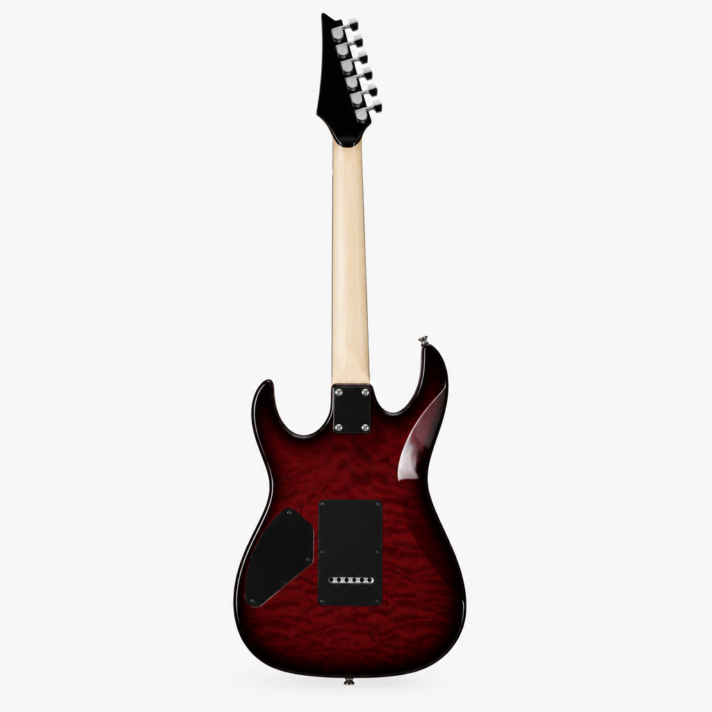 Straight-on full rear view of the Ibanez GRX70QA electric guitar showing its body back and neck.