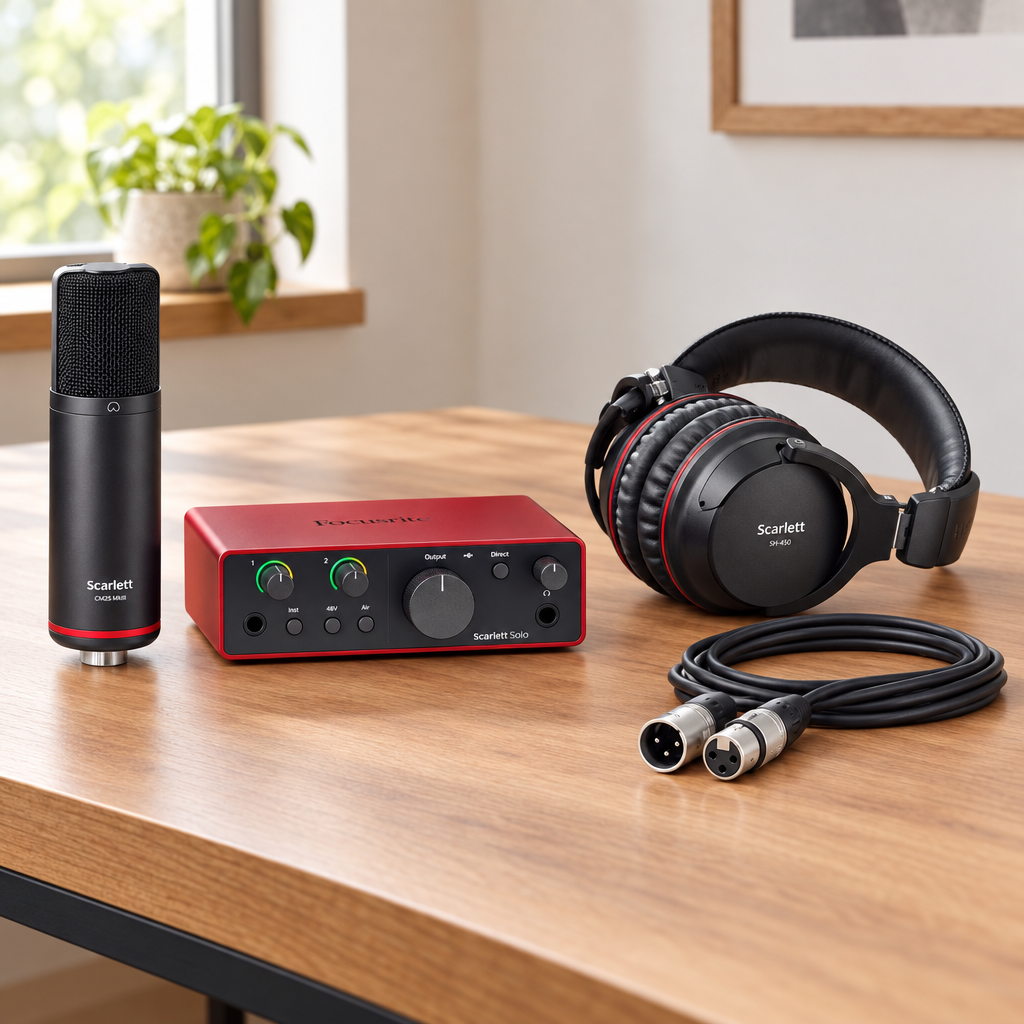 Focusrite Scarlett Solo Studio 4th Gen recording bundle, including audio interface, CM25 MkIII microphone, SH-450 headphones and XLR cable, arranged on a home recording desk.