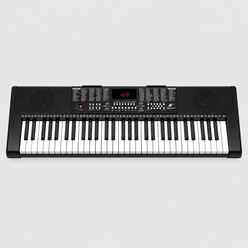 Unbranded MK2117 electronic keyboard shown from the front with its display, speakers, keys, and control panel