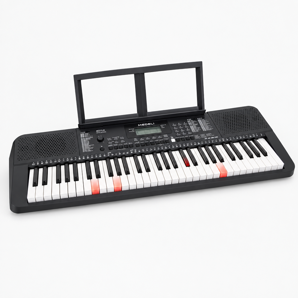 Three-quarter front view of the Medeli M221L learning keyboard with its illuminated keys.