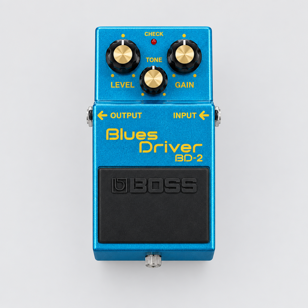 Front view of the BOSS BD-2-B50A 50th Anniversary Blues Driver guitar effects pedal.