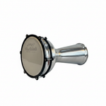 Unbranded Turkish darbuka resting on its side at a three-quarter angle, showing the metallic body, drumhead, rim, black hardware, and base on a clean white background