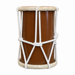 Side-profile view of the brown Chasser medium Arabic drum showing its cylindrical shell and white rope lacing