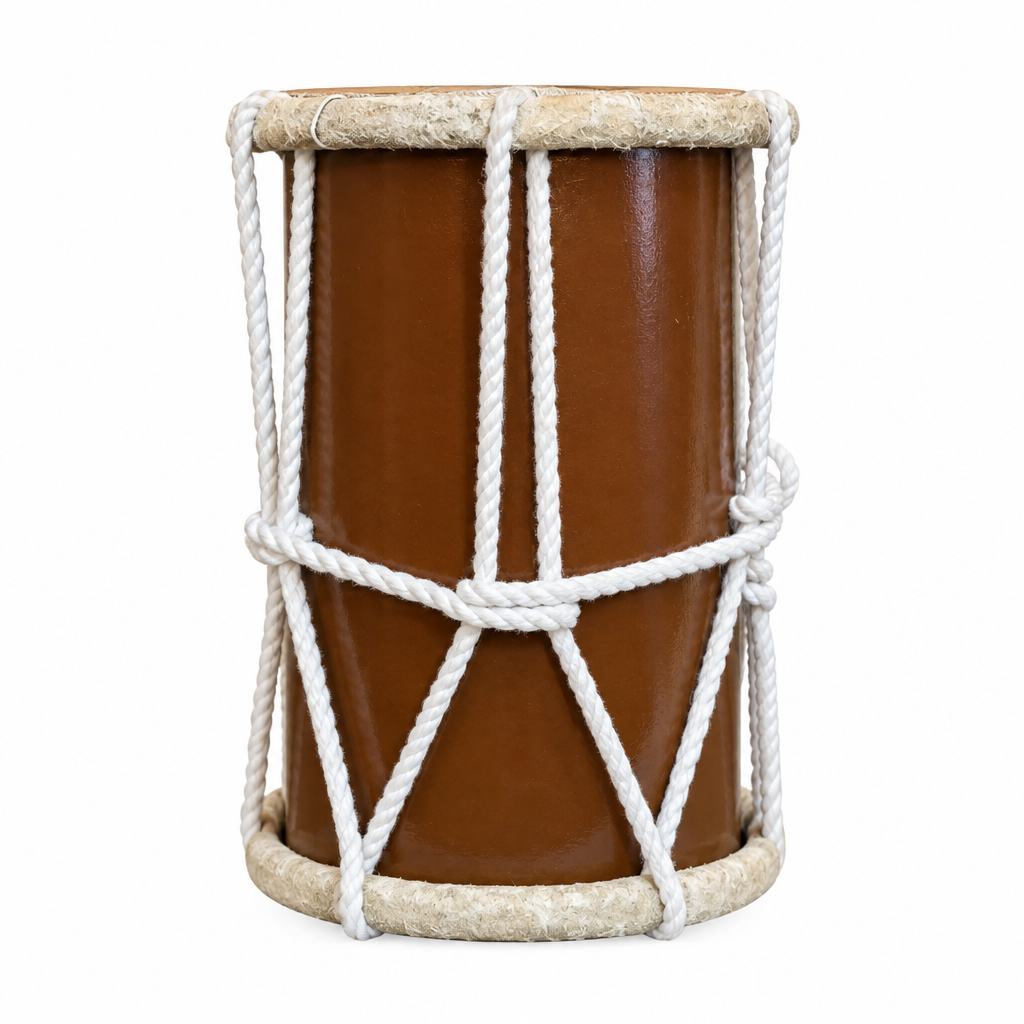 Side-profile view of the brown Chasser medium Arabic drum showing its cylindrical shell and white rope lacing
