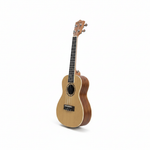 Unbranded 23-inch ukulele with natural wood finish shown at a 45-degree angle, revealing its body depth