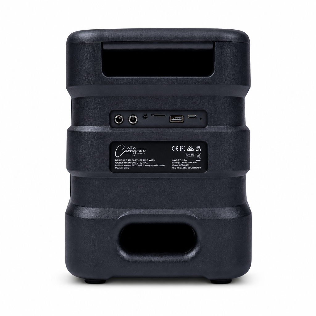 Rear view of the black Carry-On Soundtrack party speaker showing its handle and connection panel.