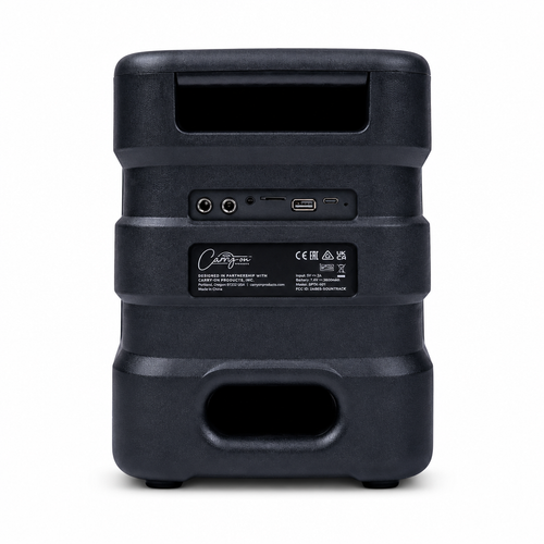 Rear view of the black Carry-On Soundtrack party speaker showing its handle and connection panel.