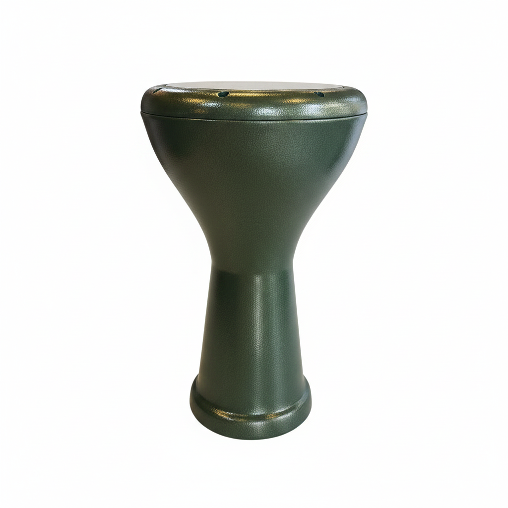 Unbranded Syrian Qunt Sakb darbuka upright front view showing the green goblet body, drumhead, rim, and base on a clean white background