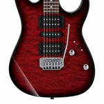 Close-up of the Ibanez GRX70QA HSH pickups, tremolo bridge, strings, and controls.