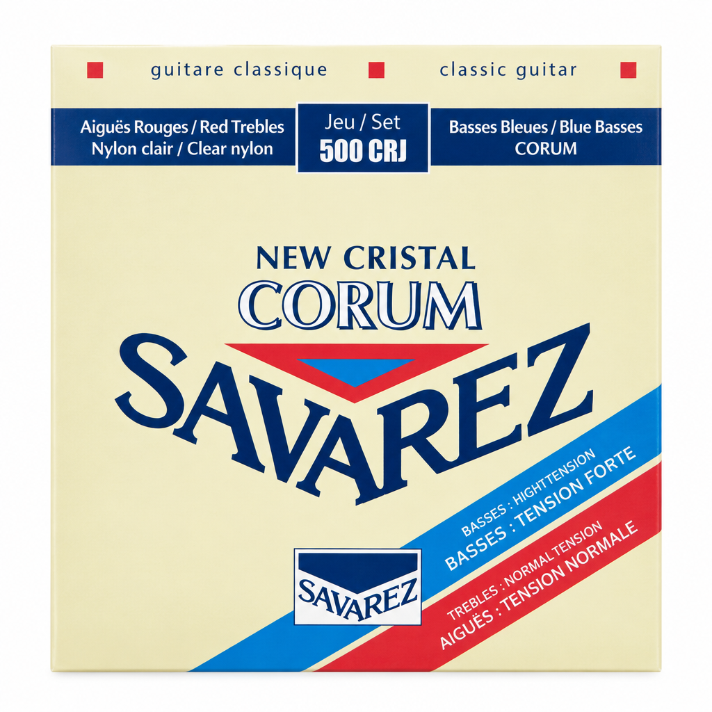 Close-up of the Savarez 500CRJ package front label showing New Cristal and Corum