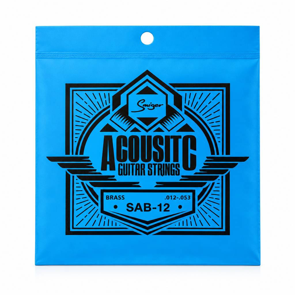 Smiger SAB-12 .012-.053 brass acoustic guitar strings package, full front view with original manufacturer packaging and no external stickers or labels