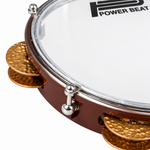Macro close-up of Power Beat brown riqq copper jingles and mounting clips