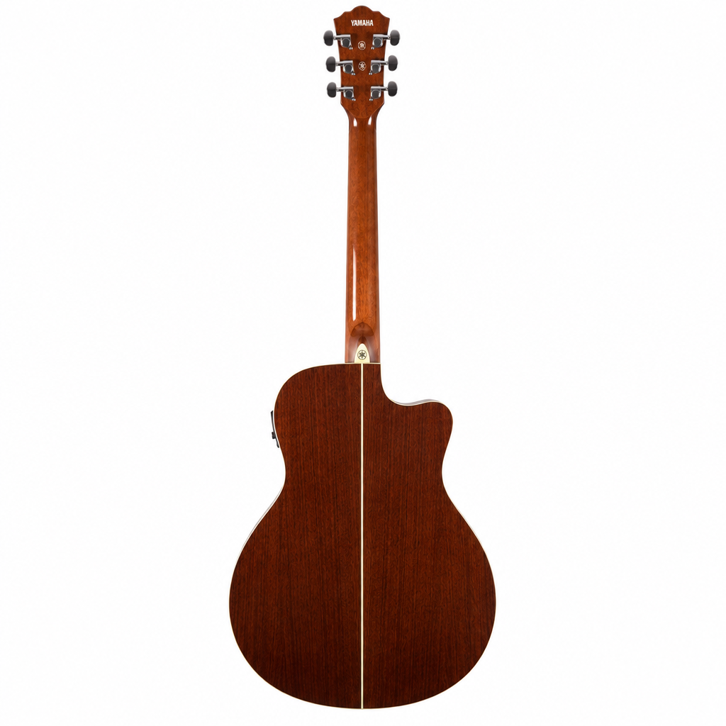 Straight-on full rear view of the Yamaha APX600 acoustic guitar, showing its back, neck, headstock, and Yamaha branding.