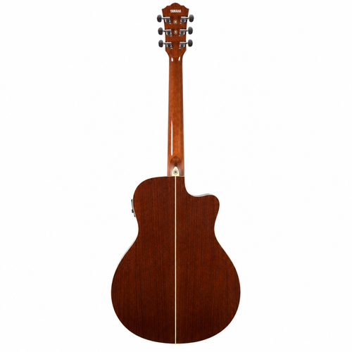 Straight-on full rear view of the Yamaha APX600 acoustic guitar, showing its back, neck, headstock, and Yamaha branding.