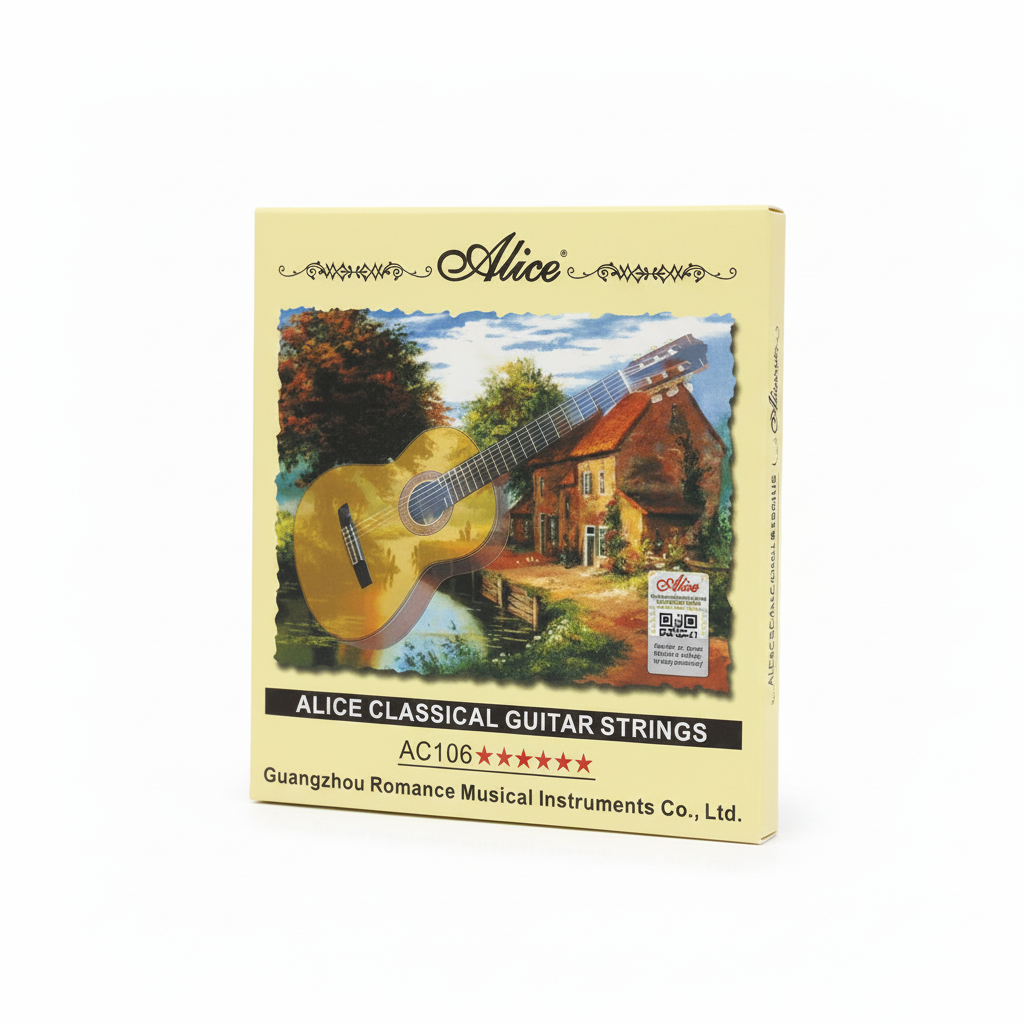 Alice AC106 acoustic guitar strings package shown at a 45 degree angle with the front label, AC106 model, printed artwork, QR label, and package edge visible on a clean white background
