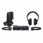 Arturia MiniFuse 2 Recording Pack shown from the front with the MiniFuse 2 interface, microphone, headphones, and two visible cables on a white background