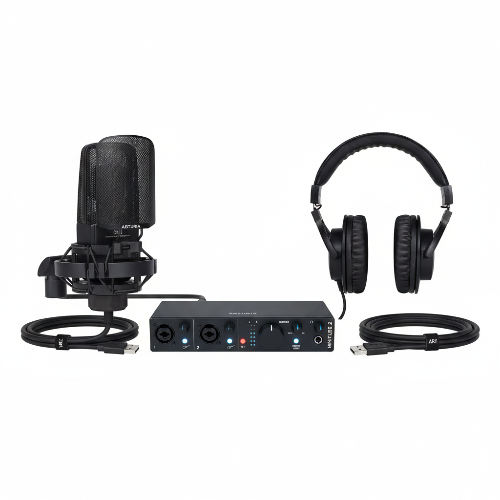 Arturia MiniFuse 2 Recording Pack shown from the front with the MiniFuse 2 interface, microphone, headphones, and two visible cables on a white background