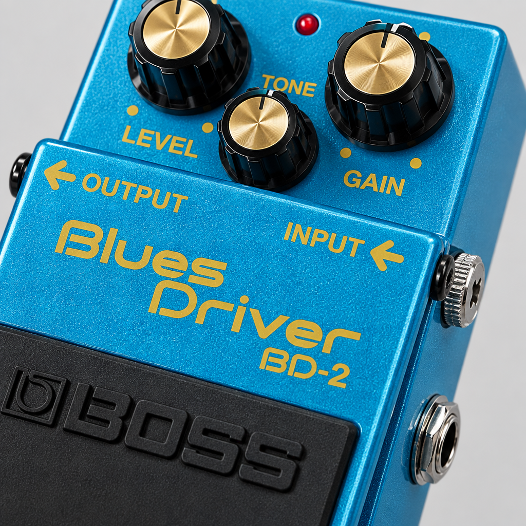 Close-up of the BOSS BD-2-B50A Blues Driver pedal controls and faceplate.