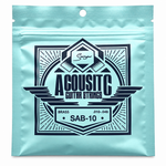 Close-up of the Smiger SAB-10 brass acoustic guitar strings package showing the original .010-.048 gauge and package specifications