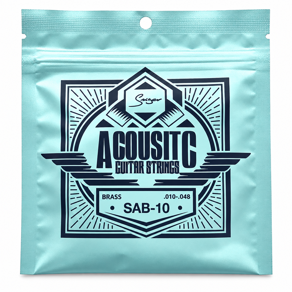 Close-up of the Smiger SAB-10 brass acoustic guitar strings package showing the original .010-.048 gauge and package specifications