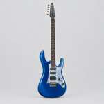 Full front view of the Unistar L-G3 electric guitar in glossy metallic blue with two single-coil pickups and one humbucker.