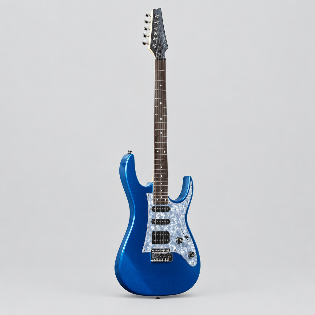 Full front view of the Unistar L-G3 electric guitar in glossy metallic blue with two single-coil pickups and one humbucker.
