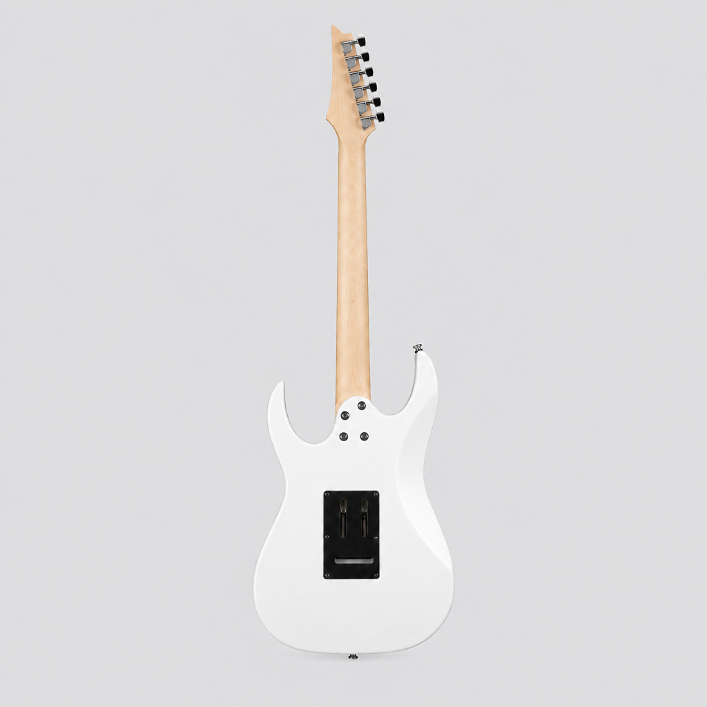 Straight-on full rear view of the Ibanez GRG140-WH white electric guitar against a light gray background.