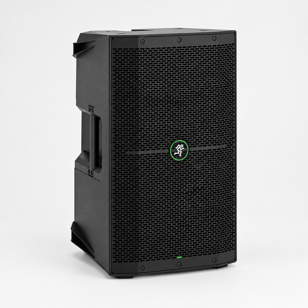 Three-quarter view of the Mackie Thump210 powered loudspeaker showing its cabinet and side handle.
