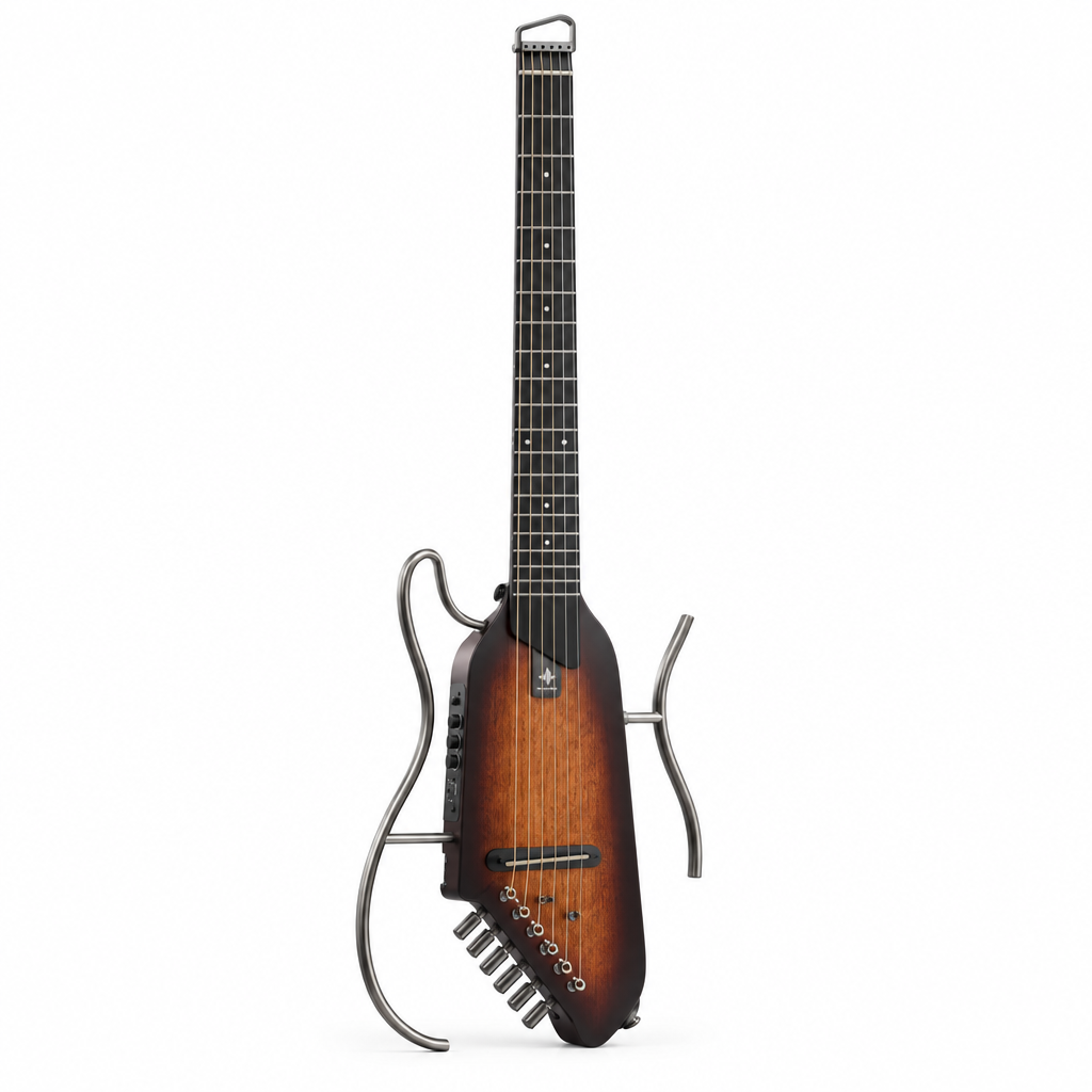 Donner HUSH-I silent acoustic-electric travel guitar, straight front view showing the headless design and removable side frames