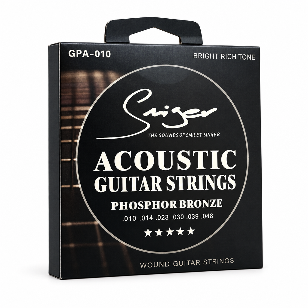 Smiger GPA-010 .010-.048 phosphor bronze acoustic guitar strings package, three-quarter angled view showing package thickness and original manufacturer design