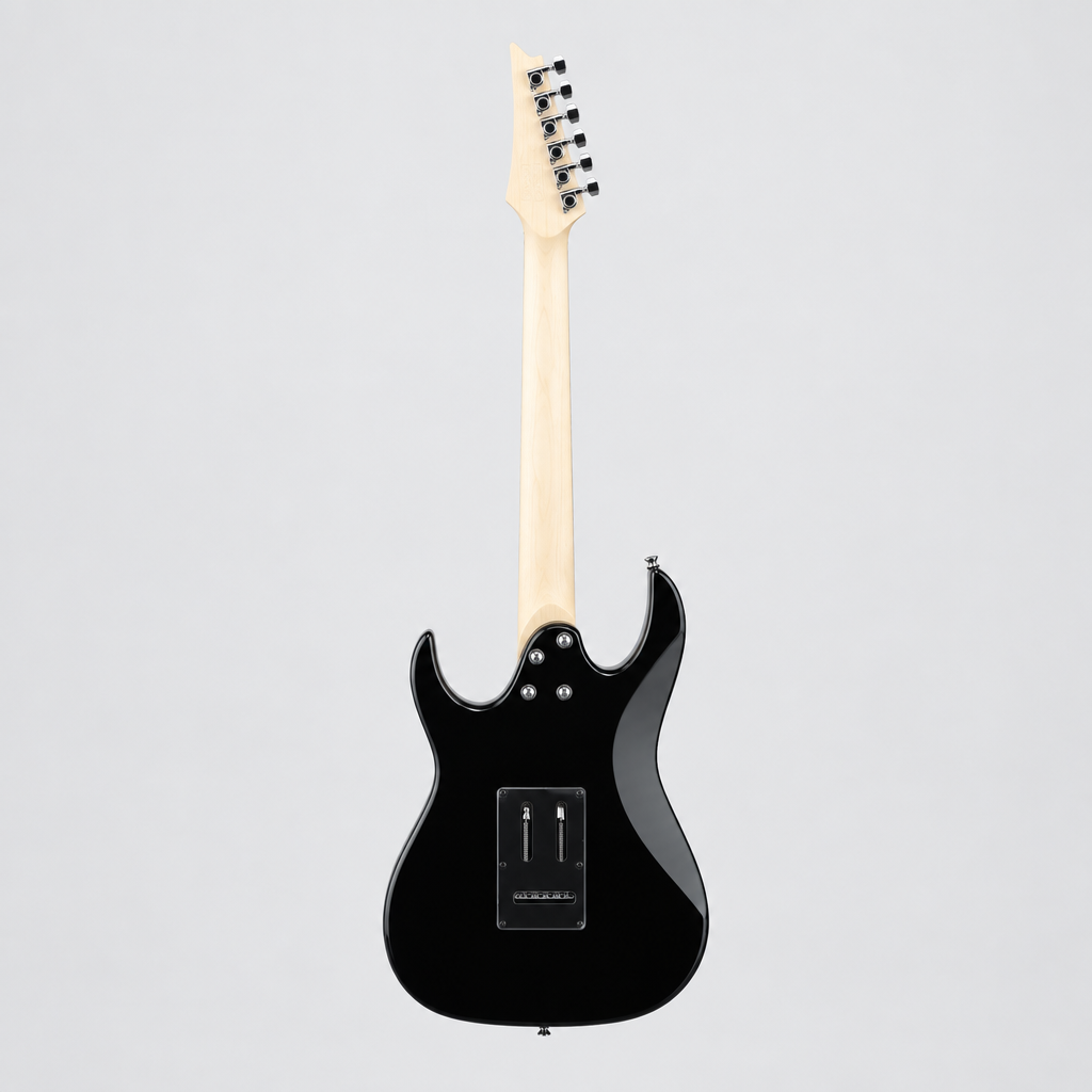 Straight-on full rear view of the Ibanez GRX20-BKN GIO electric guitar in Black Night.