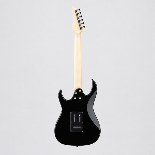 Straight-on full rear view of the Ibanez GRX20-BKN GIO electric guitar in Black Night.