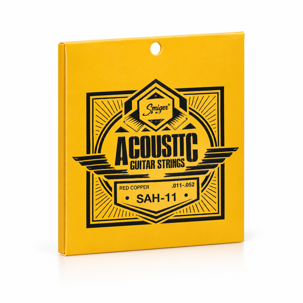 Smiger SAH-11 .011-.052 red copper acoustic guitar strings package, three-quarter angled view showing package thickness and original manufacturer design