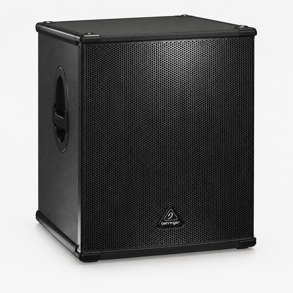 Three-quarter view of the Behringer Eurolive B1800XP active subwoofer showing its cabinet and side handle.