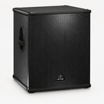 Three-quarter view of the Behringer Eurolive B1800XP active subwoofer showing its cabinet and side handle.