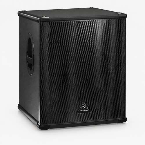 Three-quarter view of the Behringer Eurolive B1800XP active subwoofer showing its cabinet and side handle.