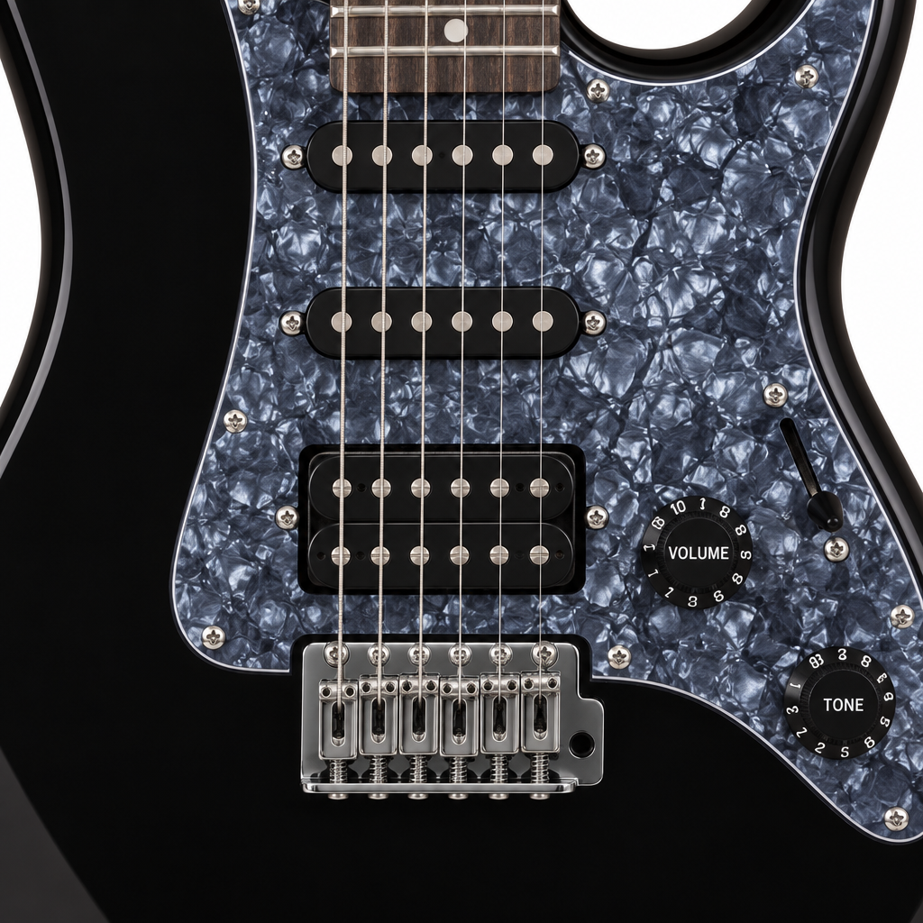 Straight-on close-up of the Unistar L-G3 S-S-H pickups, bridge, volume and tone controls.