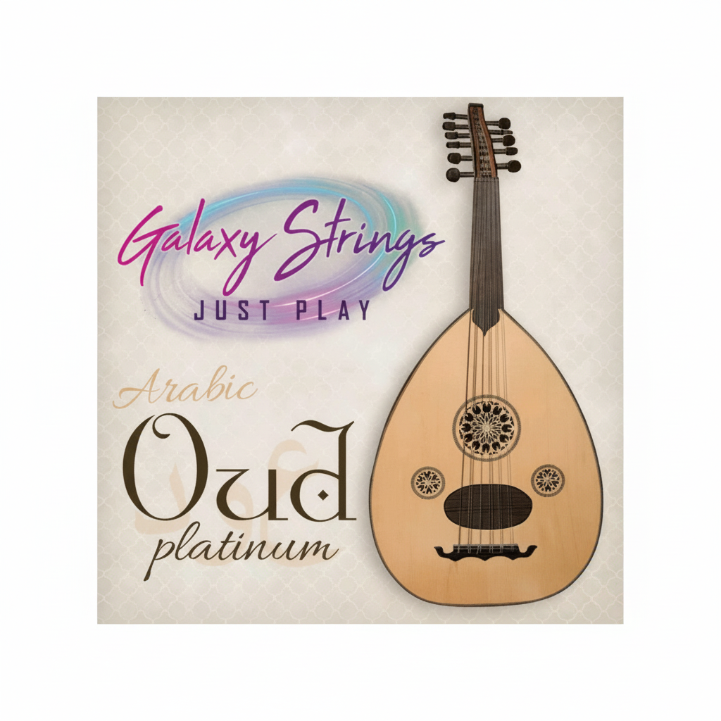 Galaxy Oud Strings Platinum package shown straight-on with Galaxy Strings branding, Arabic Oud Platinum artwork, and original printed details preserved on a clean white background