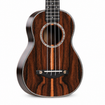 Natural close-up of the Black Persimmon Wood ukulele showing the soundhole, strings, bridge, fretboard, and wood grain