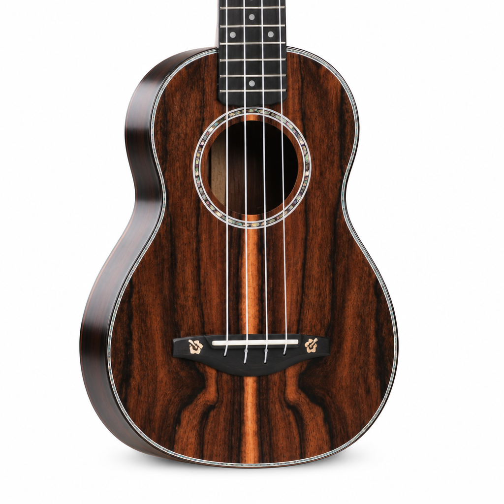 Natural close-up of the Black Persimmon Wood ukulele showing the soundhole, strings, bridge, fretboard, and wood grain