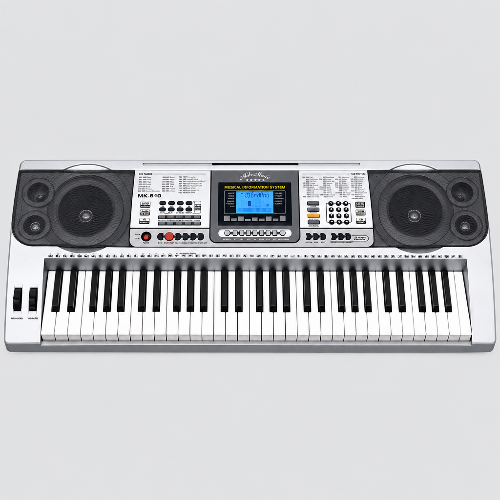 Unbranded MK810 electronic keyboard shown from the front with its white body, black and white keys, LCD screen, speakers, and control panel