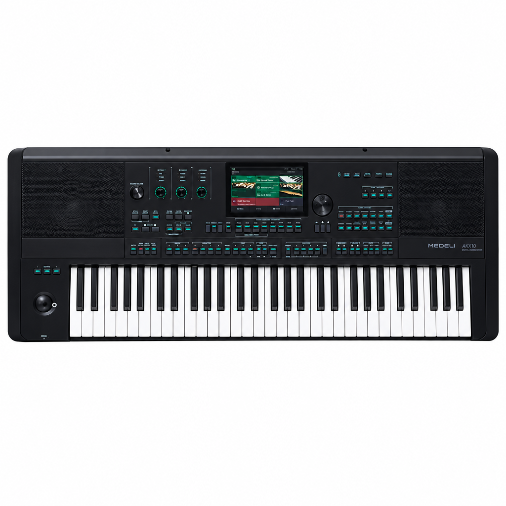 Straight-on full front view of the 61-key Medeli AKX10 digital workstation keyboard