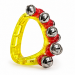 Yellow handheld sleigh bell with red inner holders, rear low-angle view