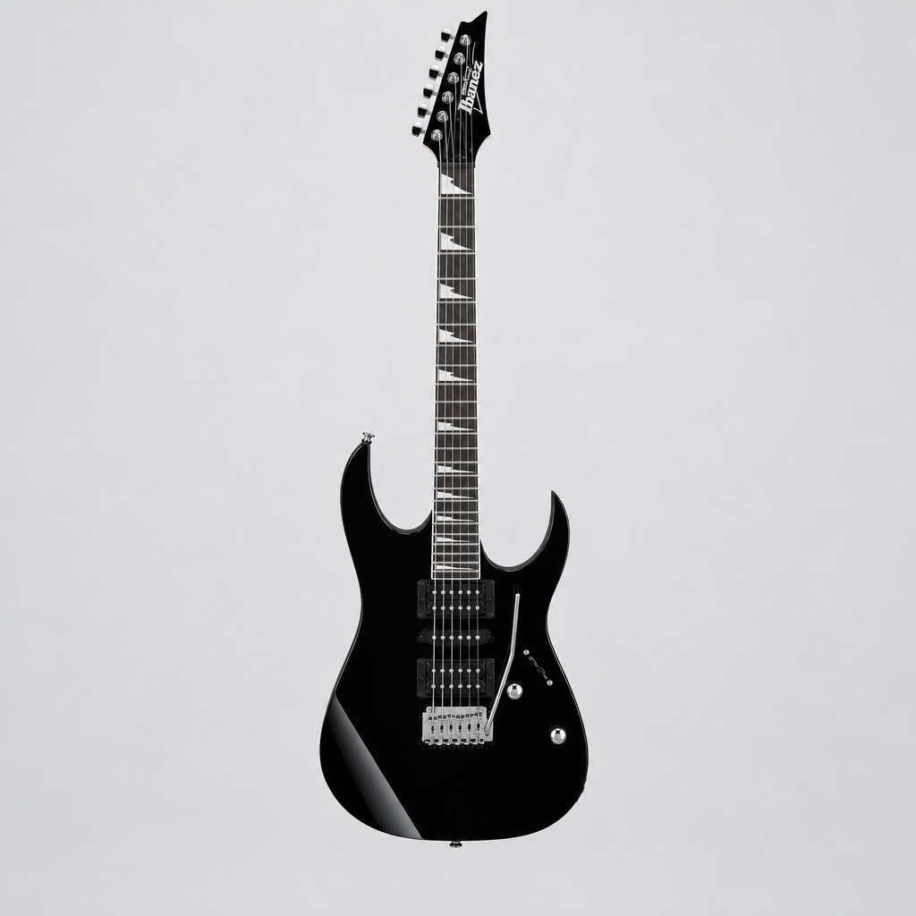 Straight-on full front view of the black Ibanez GRG170DX electric guitar with H-S-H pickups and tremolo bridge.