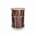 Chasser PK medium drum shown upright from the front with brown shell, light-colored rims, rope tensioning, and drumhead on a white background