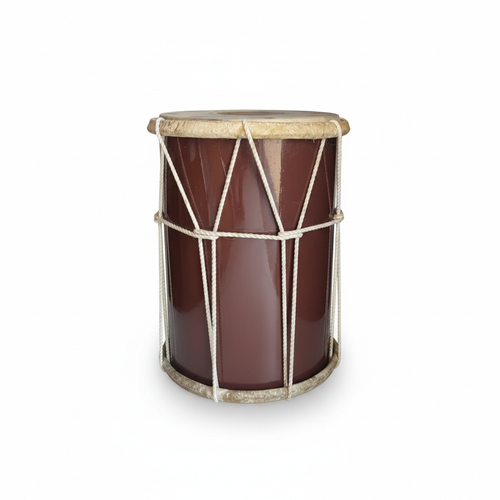 Chasser PK medium drum shown upright from the front with brown shell, light-colored rims, rope tensioning, and drumhead on a white background