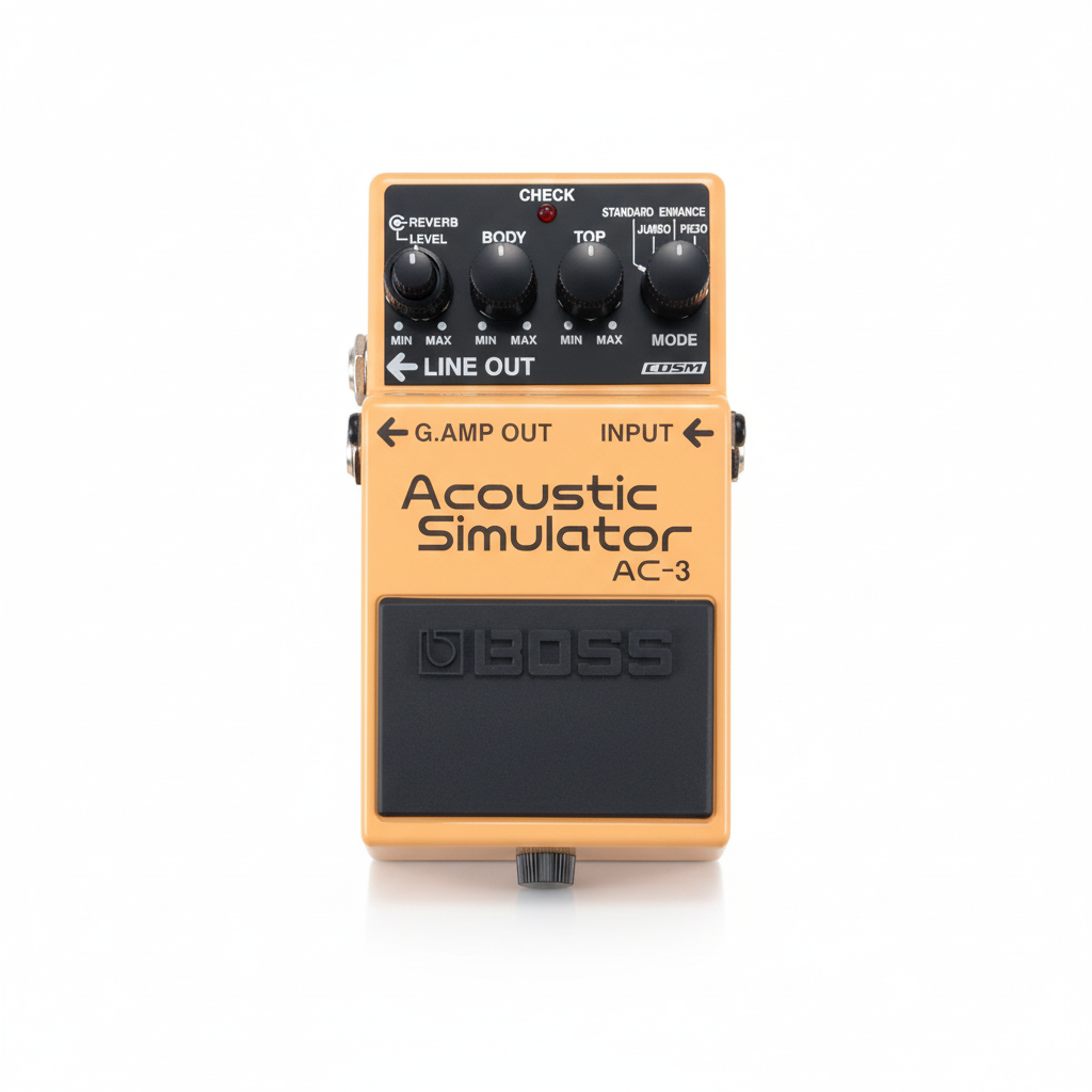 Boss AC-3 Acoustic Simulator guitar pedal shown from the front with orange housing, four control knobs, Acoustic Simulator AC-3 text, Boss logo, and footswitch on a white background