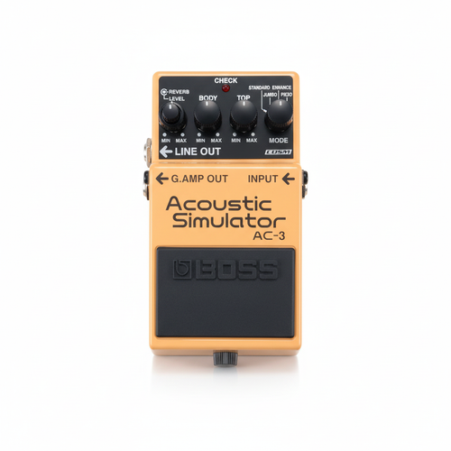 Boss AC-3 Acoustic Simulator guitar pedal shown from the front with orange housing, four control knobs, Acoustic Simulator AC-3 text, Boss logo, and footswitch on a white background